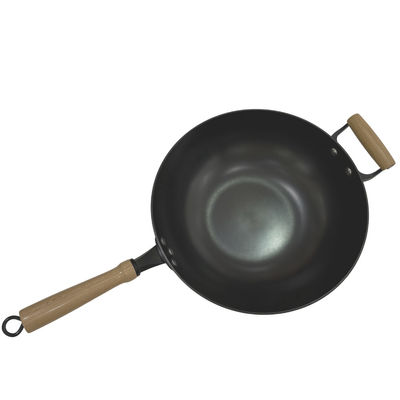 Βαρέων καθηκόντων 14 ίντσας τηγάνι Wok χυτοσιδήρου παν κινεζικό με το ξύλινο καπάκι λαβών και γυαλιού