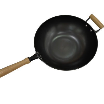 Βαρέων καθηκόντων 14 ίντσας τηγάνι Wok χυτοσιδήρου παν κινεζικό με το ξύλινο καπάκι λαβών και γυαλιού
