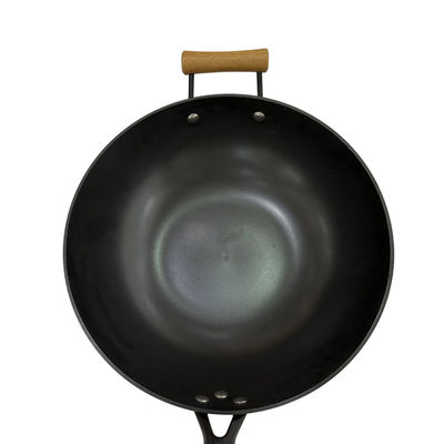 Βαρέων καθηκόντων 14 ίντσας τηγάνι Wok χυτοσιδήρου παν κινεζικό με το ξύλινο καπάκι λαβών και γυαλιού