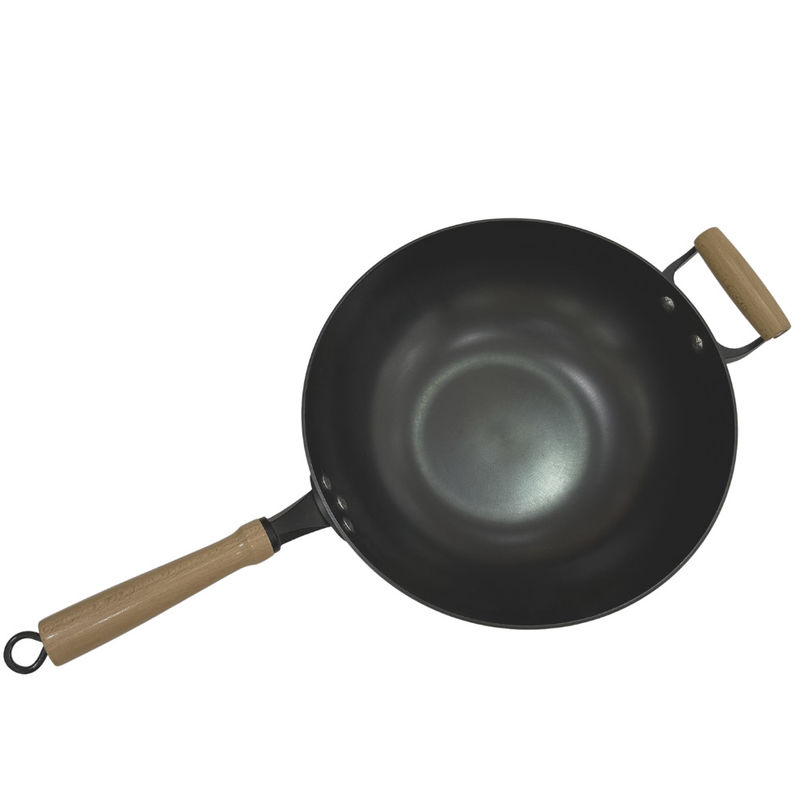 Βαρέων καθηκόντων 14 ίντσας τηγάνι Wok χυτοσιδήρου παν κινεζικό με το ξύλινο καπάκι λαβών και γυαλιού